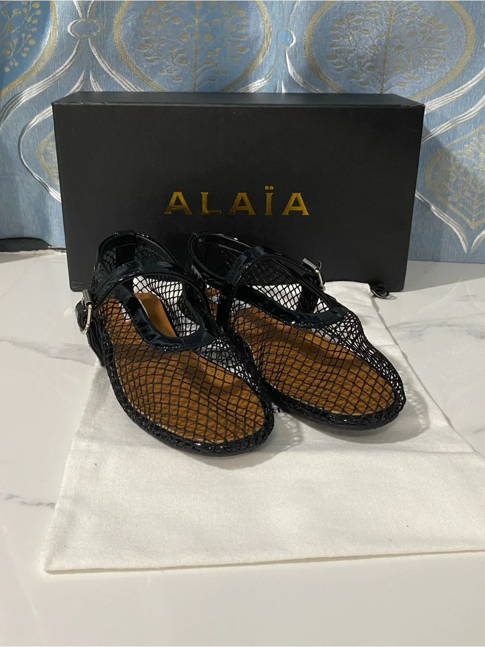 Alaia Black Mesh Mary Jane Flats with Patent Strap